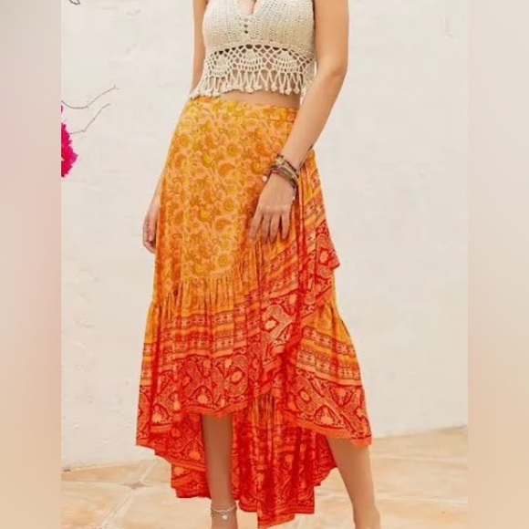 Rusttydustty Dresses & Skirts - Rusttydustty Flounce Hem Floral Print Skirt Orange Boho Women’s Size Small